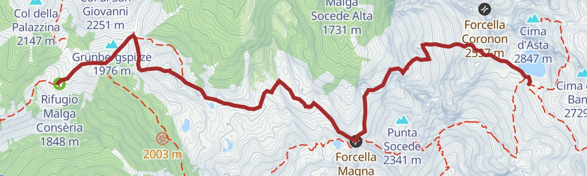 Route map: Sentiero della Pace: Variante Lagorai 4 (Rifugio Malga Conseria to Rifugio Brentari)